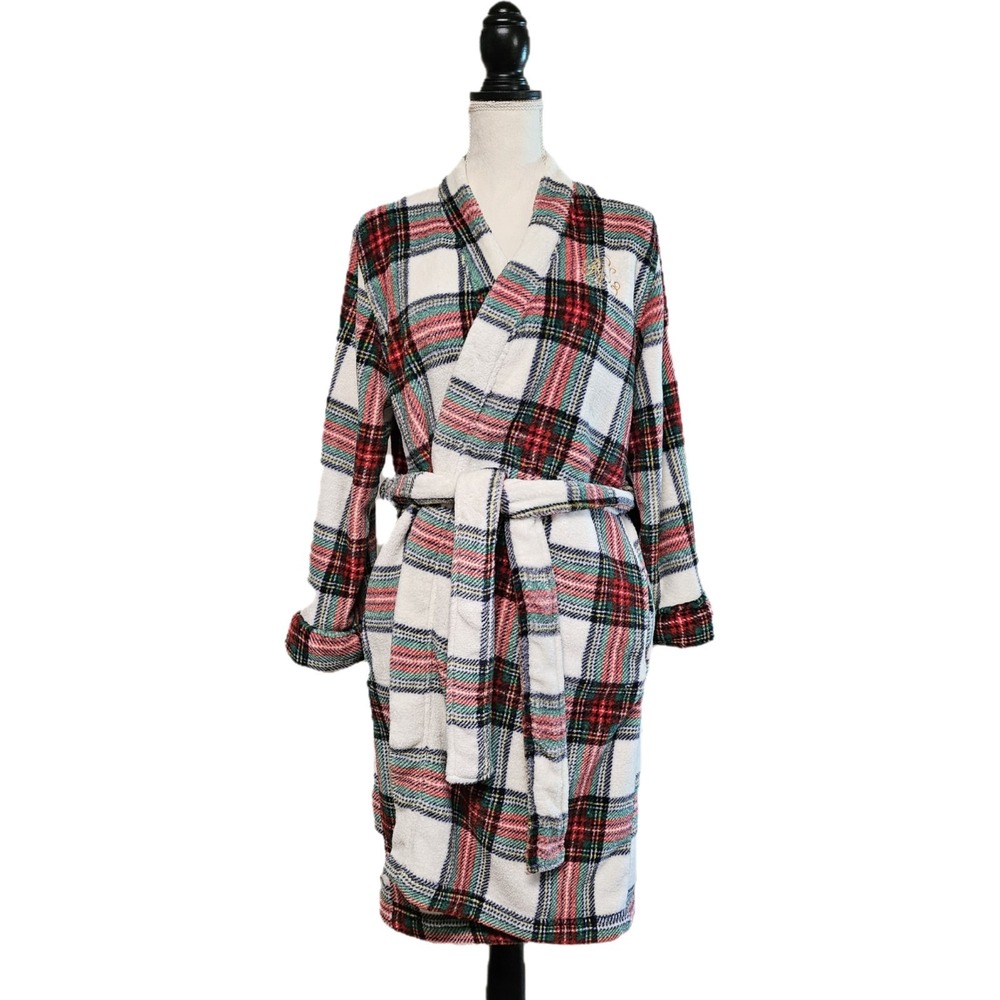 Lauren Ralph Lauren Women's Shawl Collar Robe In Ivory Plaid Size M - Picture 2 of 7